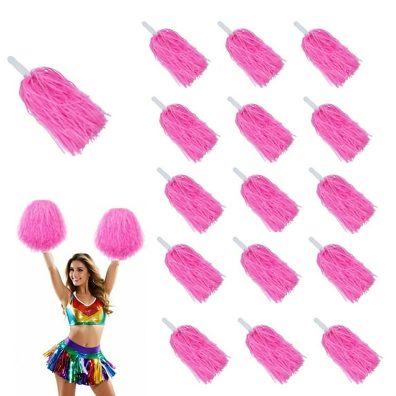 QZS Dueable Pink Plastic PomPoms,Sports Dance Cheer for Football Celebration,15Pack Dancing Party PomPoms with Baton Handle for Party