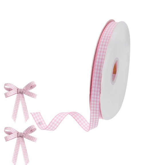QZS Durable Polyester Craft Ribbon,1Roll Reusable Plaid Ribbon for Wreath,Portable Pink and White Gingham Accessories for Birthday,147.6Ft