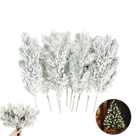 QZS Fake Snow Pine Branches,Xmas Faux Pines Sprigs,Artificial Pine Needles Branches,Set of 12 Christmas Picks for DIY Craft,Home,Kitchen