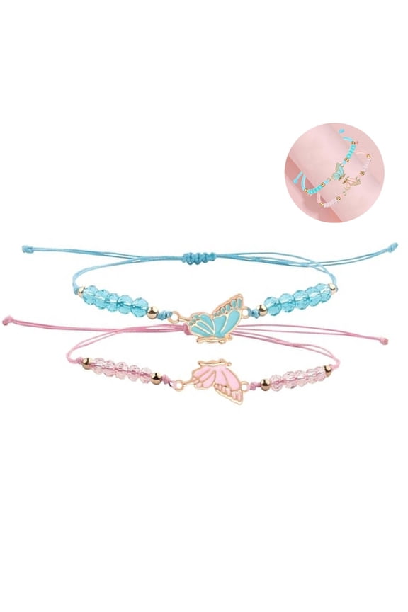 Matching Bracelets,Portable Butterfly Charm Beaded Bracelets,2-Pack Butterfly Matching Friendship Bracelets for Women,Men(Pink+Blue)