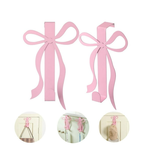 QZS Metal Strong Door Hanger Hook,Pink Bow Over The Door Hooks,Set of 2 Door Holder Organizer,Bow Decor Hangers for Towels,Hats,Coats,Bags