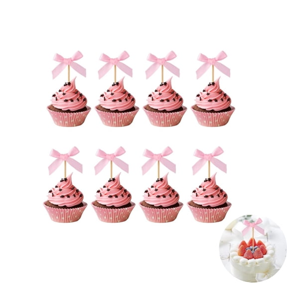 QZS Pink Bow Cupcake Toppers,Pack of 48 Bow Paper Cupcake Topper for Engagement,4.3x1.6In Birthday Decorations for Girl,Women,Boy,Men