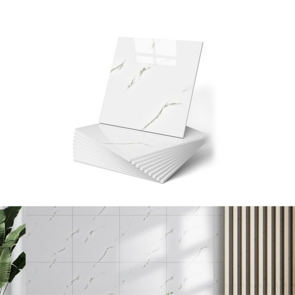 QZS Plastic Backsplash Tile,12 Pack Portable Self-Adhesive Marble Wall Tiles for Living Room,White Backsplash Kitchen Sheets for Countertop