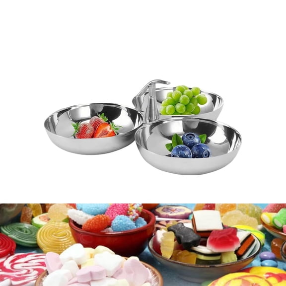 QZS Reusable Dessert Plate,Snack Tray with Handle,Stainless Steel Fruit Container,Dessert Plate for Home,Kitchen,Party,3 Compartments,1Pack