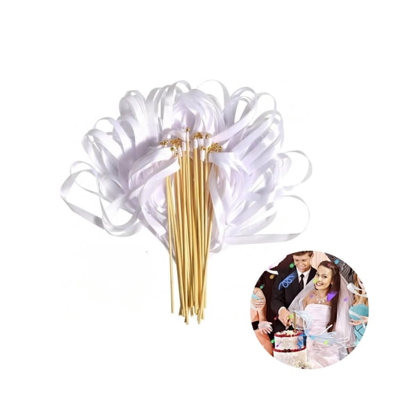 QZS Ribbon Sticks for Wedding,20Pack Portable Wedding Ribbon with Bells,Decorative Stick Party Streamers for Celebrations,Holiday, Activities,White