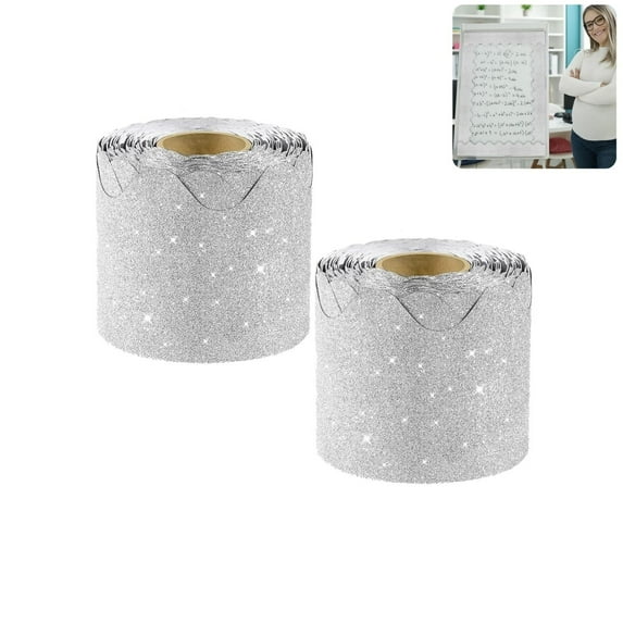 QZS Sliver Bulletin Board Strips Decoration,32.8Ft Portable Silver Scalloped Rolled Border Trim for School,2 Pack Glitter Paper Decoration for Home