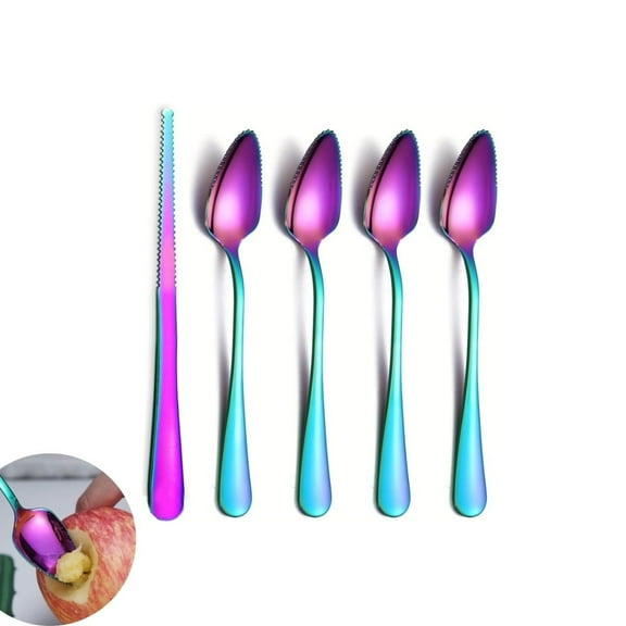 QZS Stainless Steel Fruit Spoons,Rainbow Non-stick Grapefruit Spoons for Citrus,Reusable Serrated Edge Kitchen Tool for Salads,Dessert,Citrus