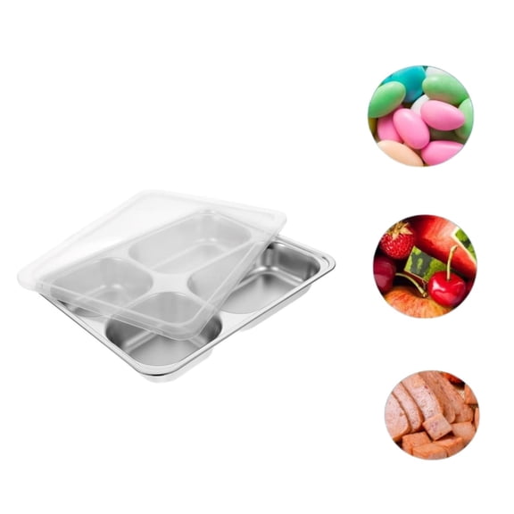 QZS Stainless Steel Snack Container,1 Pack Control Divided Plates for Balance Lunch,Portable Metal Unbreakable Sectioned Plate with Plastic Lid