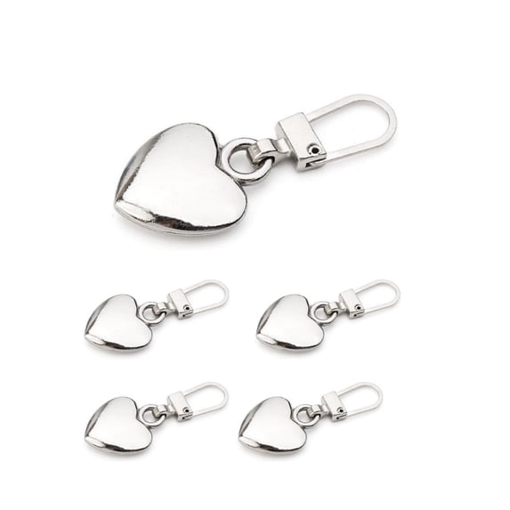 QZS Zipper Pull Replacement,5Pcs Detachable Heart Shaped Zipper Pulls Replacement for Coat,Universal Slider Decor for Jeans Luggage Dresses(Silver)