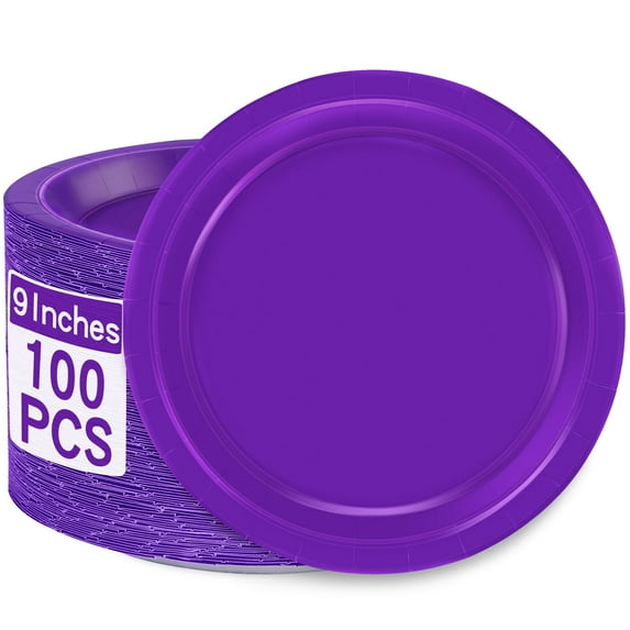 QZYL 100 PCS Paper 9" AFN1Purple Disposable Heavy Duty Party Tableware Round Dinner Plates Dinnerware Supplies for Daily Use Mardi Gras Carnival Birthday Picnic Wedding Baby Shower
