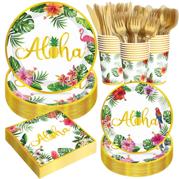QZYL 24 Sets Hawaiian Party Plate AFN1Tableware Set, Hawaiian Dessert Plates Cutlery for Aloha Party Decorations, Gold Foil Tropical Plates and Napkins Dinnerware Decorations Supplies 24