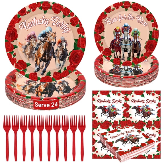 QZYL Derby Party Supplies Serve 24, AFN196 PCS Derby Plates and Napkins Forks, Disposable Run for the Roses Paper Dinner Dessert Plates Set, Horse Racing Party Decorations Tableware
