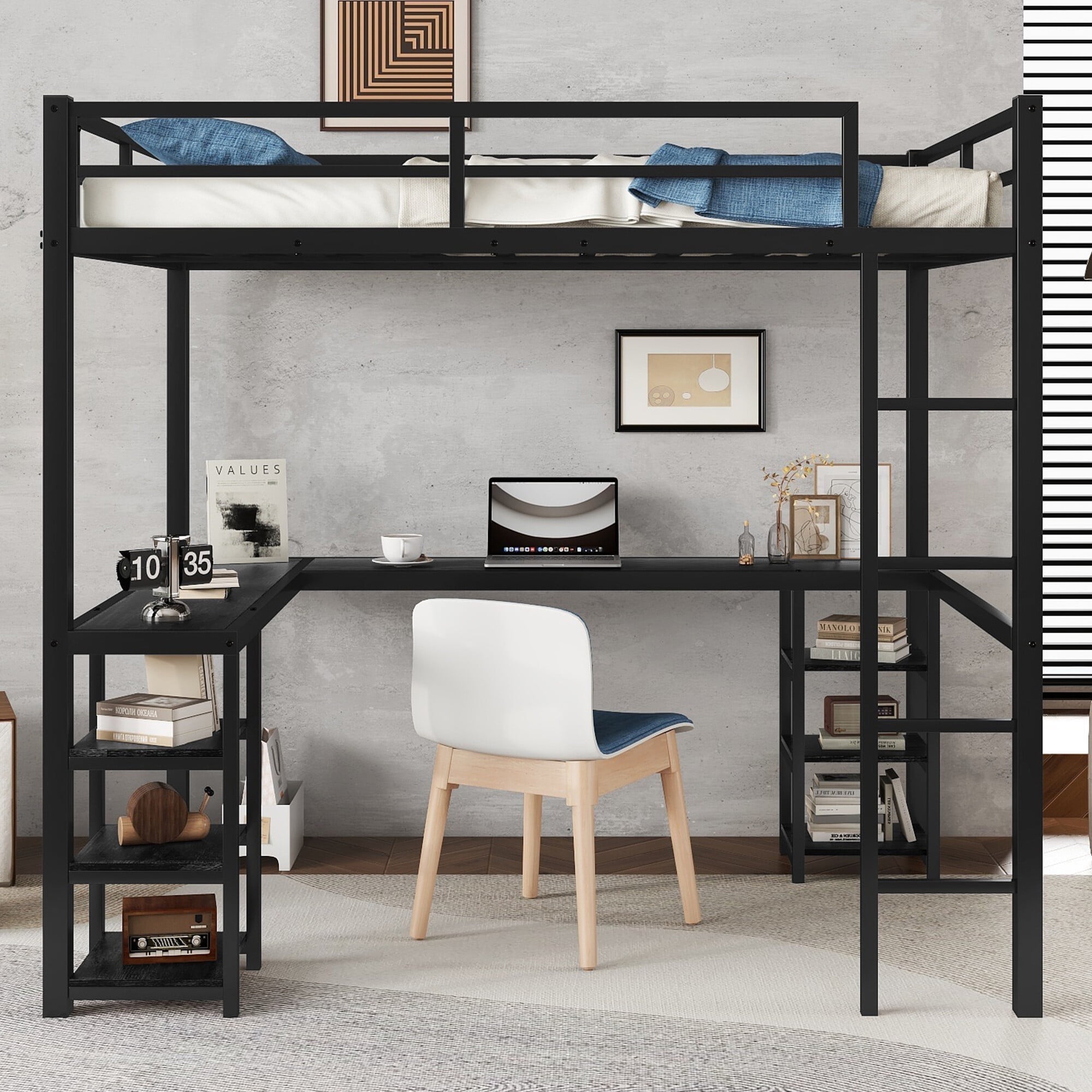 QZYeYun Full Size Loft Bed with Desk and Storage Shelves, Metal Bed ...