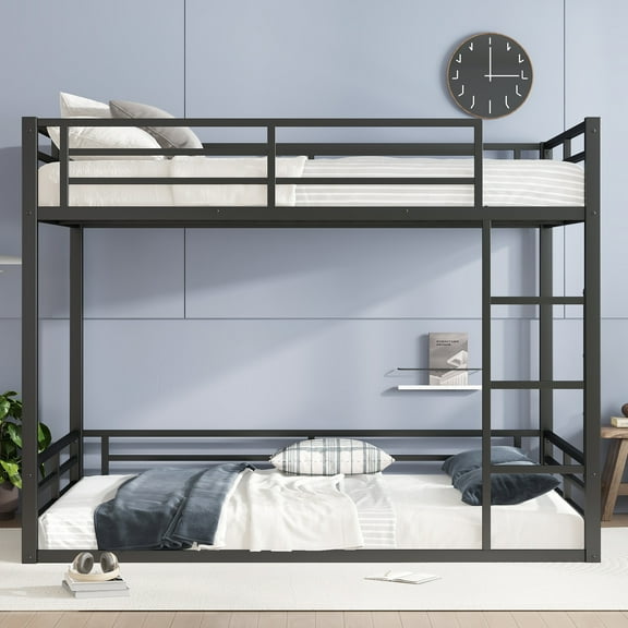 QZYeYun Queen Over Queen Size Bunk Bed, Metal Low Profile Bunkbeds with Full-Length Guardrail and Ladder, Space Saving, No Boxing Spring Needed