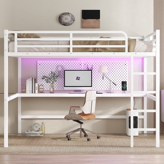 QZYeYun Metal Queen Size Loft Bed with Power Outlet & LED Lights, Space-Saving, Noise-Reducing, White
