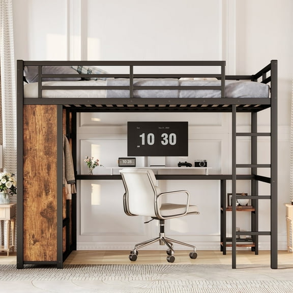 QZYeYun Queen Size Loft Bed with Desk and Built-in Wardrobe, Heavy Duty Bed Frame with Storage Shelves for Bedroom