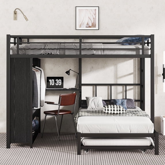 QZYeYun Queen over Twin Metal Bunk Bed with Built-in Wardrobe and Trundle, Triple Bunk Bed with Foldable Desk and Ladders for Teens Adults Bedroom