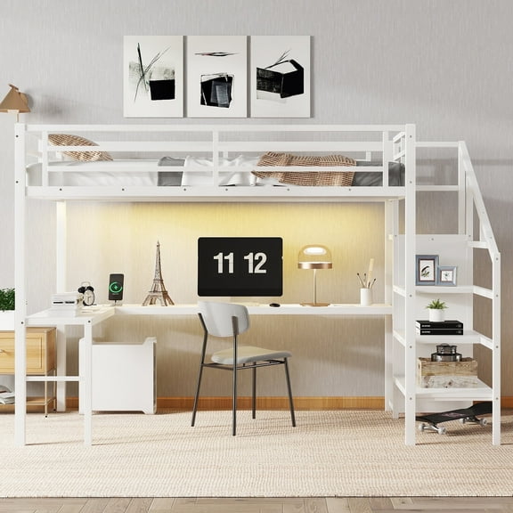 QZYeYun Metal Stairway Twin XL Loft Bed with L Shaped Desk, White