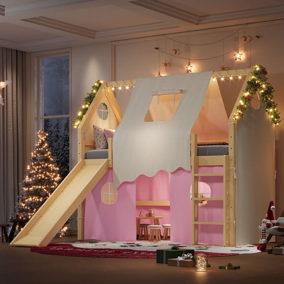 QZYeYun Twin Size House Loft Bed with Sills and Tents, Solid Wood Loft Bed with Ladders and Slide, Chic Design with Lights, No Box Spring Needed (Natural-Pink)