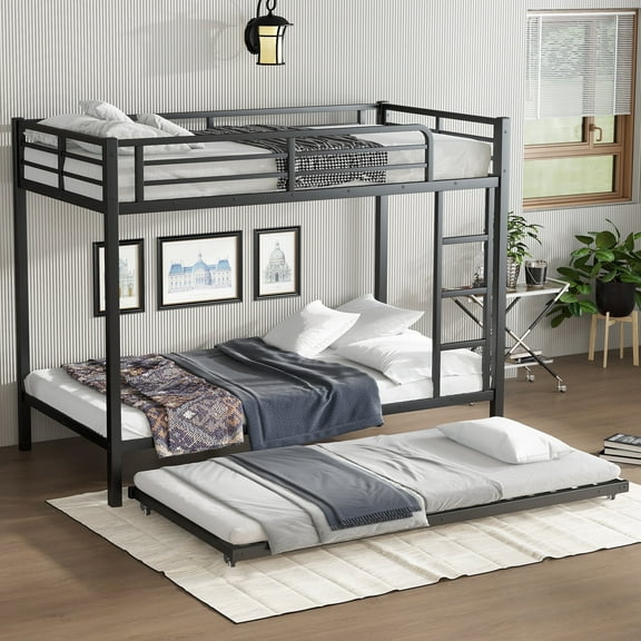 QZYeYun Twin Over Twin XL Bunk Bed with Twin Size Trundle, Heavy Duty Metal Bed Frame with Full-Length Guardrails and Ladder, Noise-Free, No Box Spring Needed, Black