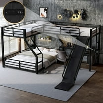 QZYeYun Teen Twin XL over Queen with Twin Metal Twin XL-over-Queen Triple Bunk Bed with L-Shaped Desk and USB Ports Black