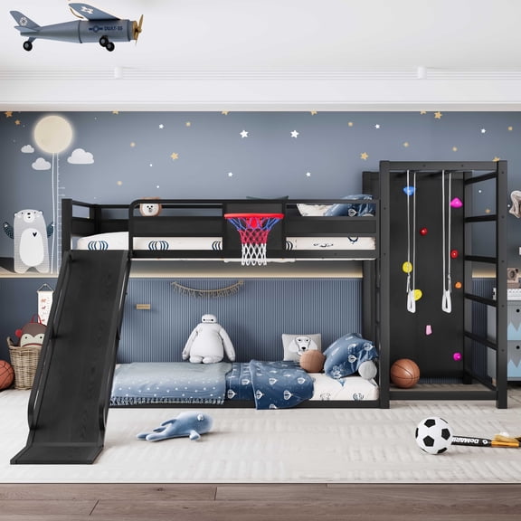 QZYeYun Twin XL Size Metal Loft Bed with Basketball Hoop, Climbing Wall, Slide, Black