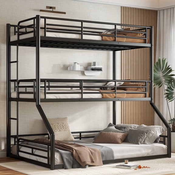 QZYeYun Twin over Twin over Full Metal Triple Bunk Bed with Safety Guardrails, Heavy-duty Noise-reduced Design,Black