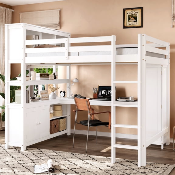QZYeYun Wood Loft Bed with Cabinet, Bookshelf, Wardrobe and Desk, Queen Size, White