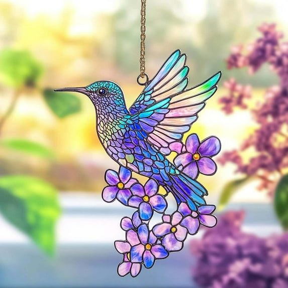 Qaailabf Colorful Hummingbird Flower Sun Catcher Pendant | Intricate Stained Glass Design | Window Garden Decor | Nature-Inspired Hanging Ornament | 20cm | Unique Housewarming Gift