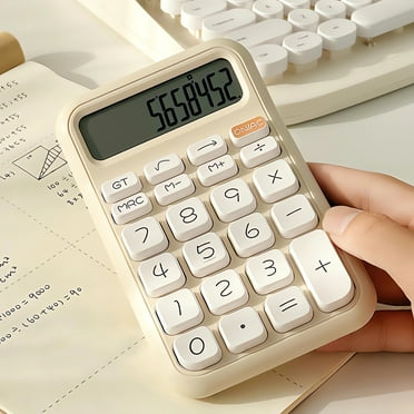 Qaailabf Cute Calculator - 12-Digit LCD Display, Retro Typewriter Style Keys, Battery Included, Portable, Small, for Office, School, Business, White