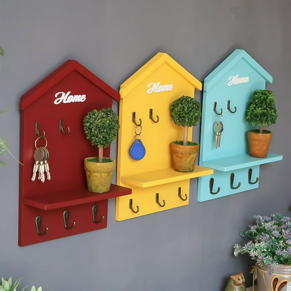 Qaailabf Decorative House-Shaped Wall Shelf with Hooks, Wooden Wall Mount Storage Display Rack for Living Room Bedroom Kitchen Bathroom, Multi-Purpose Floating Organizer Shelf, 31x20x6cm, Available