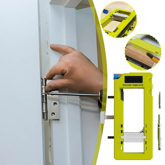 Qaailabf Door Hinge Installation Kit with Adjustable Template, Plastic Locator for Cutting Mortises, Includes Router & Screwdriver Bits, Fits 3”-5” Hinges, Easy Setup for Round/Square Corners