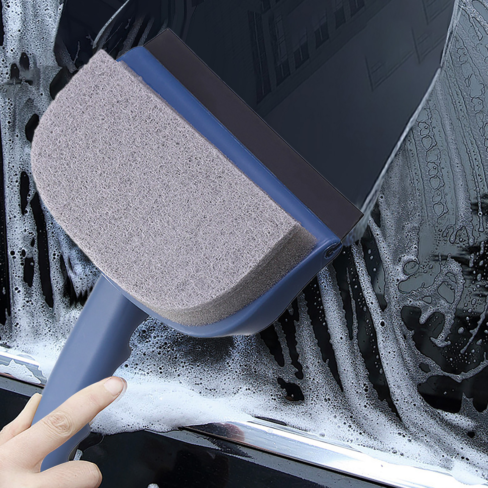 Qaailabf Double-Sided Cleaning Squeegee Wiper with Sponge Compartment for Bathtub Ceramic Tiles Car Windshield Glass Mirror - Soft Sponge Detergent Retention Brush Head for Easy Foaming Water
