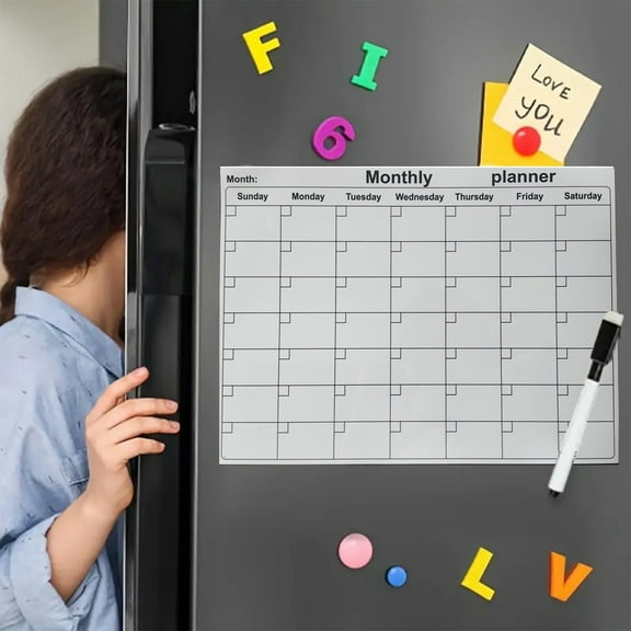 Qaailabf Magnetic Dry Erase Whiteboard Calendar Wall Sticker | Reusable PVC Monthly Planner | Built-in Adhesive | Black | 28x21cm | Time Management Organizer | Wipeable Schedule Chart | 1 Pc
