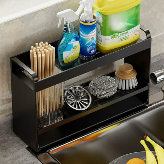 Qaailabf Over Sink Kitchen Organizer - Stainless Steel Counter Storage Rack | Utensils & Sponges | Rustproof, Easy Clean | Gray & Black | 29x18x9cm | Home & Restaurant Use