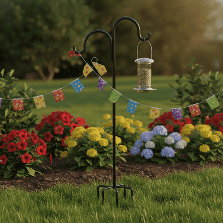 Metal Shepherd’s Hook, Double Arm Garden Stake, 76in Tall, 5-Prong Base, Outdoor Hanging for Plants, Lanterns, Bird Feeders