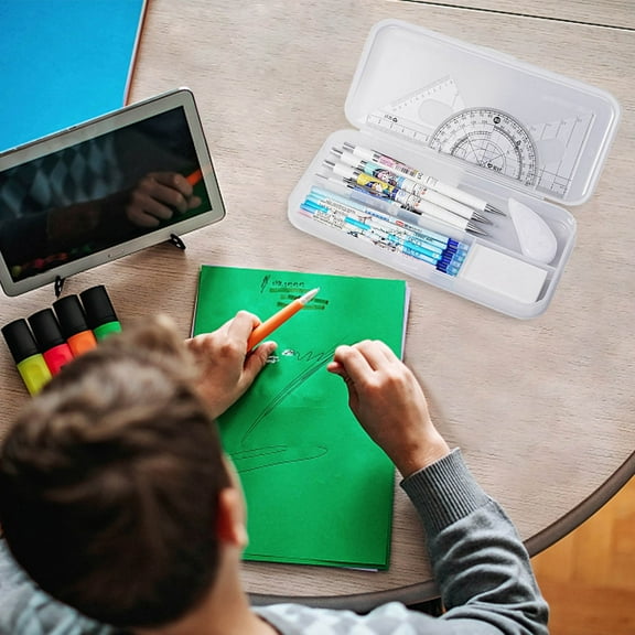 Clear Frosted Plastic Stationery Box | Double-Layer Multifunction Pencil Case | Matte Transparent Organizer for Pens Markers Erasers | Large Capacity Desk Storage | 1 Pack