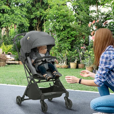 Qaba 1-Click-Foldable Reversible Stroller with Canopy, Pewter Grey