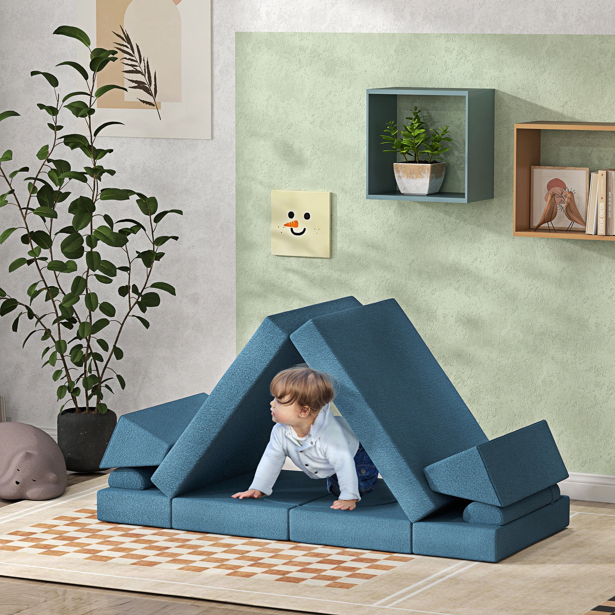 Blue Velvet Twelve Piece Modular Kids Play Couch