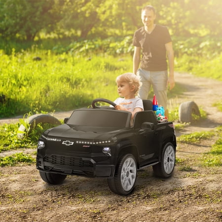 Qaba 12V Chevrolet Silverado EV RST Licensed Kids Electric Car with Parent Remote Control, Spring Suspension, Soft Start, Auxiliary Wheels, Black
