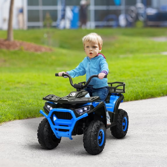 Qaba 12V Kids ATV, Battery Powered 4 Wheeler Quad with Spring Suspension Wheels, Rear Storage Basket, Lights, Music, Blue