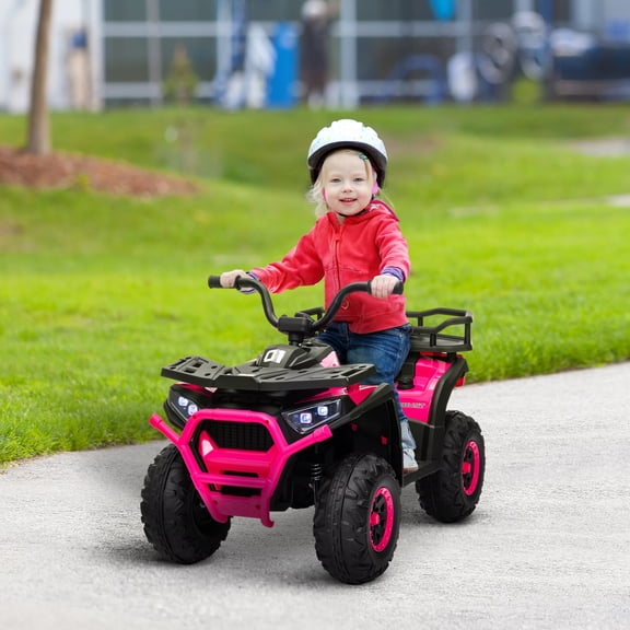 Qaba 12V Kids ATV, Battery Powered 4 Wheeler Quad w/ Spring Suspension Wheels, Rear Storage Basket, Lights, Music, Pink