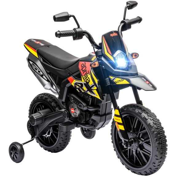 Riding Toys Qaba 12V Motorcycle, Aprilia Licenced Electric Motorcycle for with Training Wheels, Spring Suspension, LED Light, USB, Music, Battery Powered Electric Dirt Bike for Gi