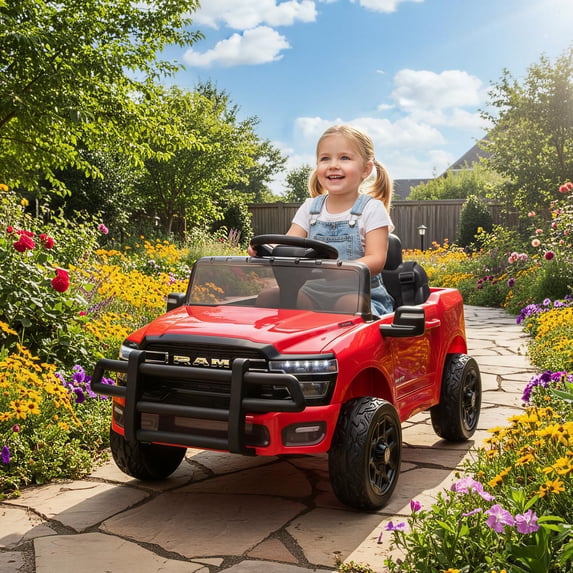 Qaba 12V Kids Ride on Car, Licensed Dodge RAM 3500 Ride on Toys for Toddlers with Dual Motors, Remote Control, Suspension, Bluetooth and Lights, Red