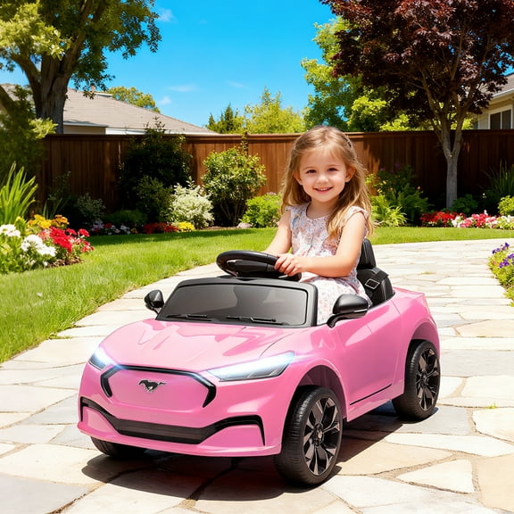 Qaba 12V Licensed Ford Mustang Mach-E Electric Car, Kids Ride On Car with Remote Control, Adjustable Speed, LED Light, Music, Suspension, Pink