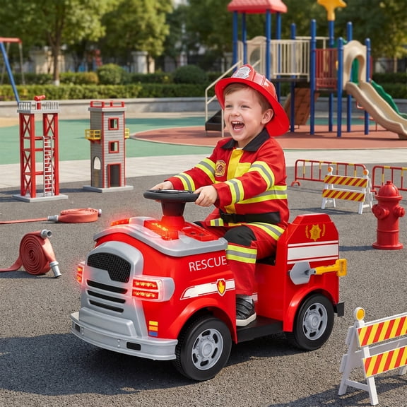 Qaba 12V Ride on Fire Truck, Battery Powered Electric Car for Kids with Siren, Flashing Lights Fire Extinguisher, Soft Start, Horn Music, Red