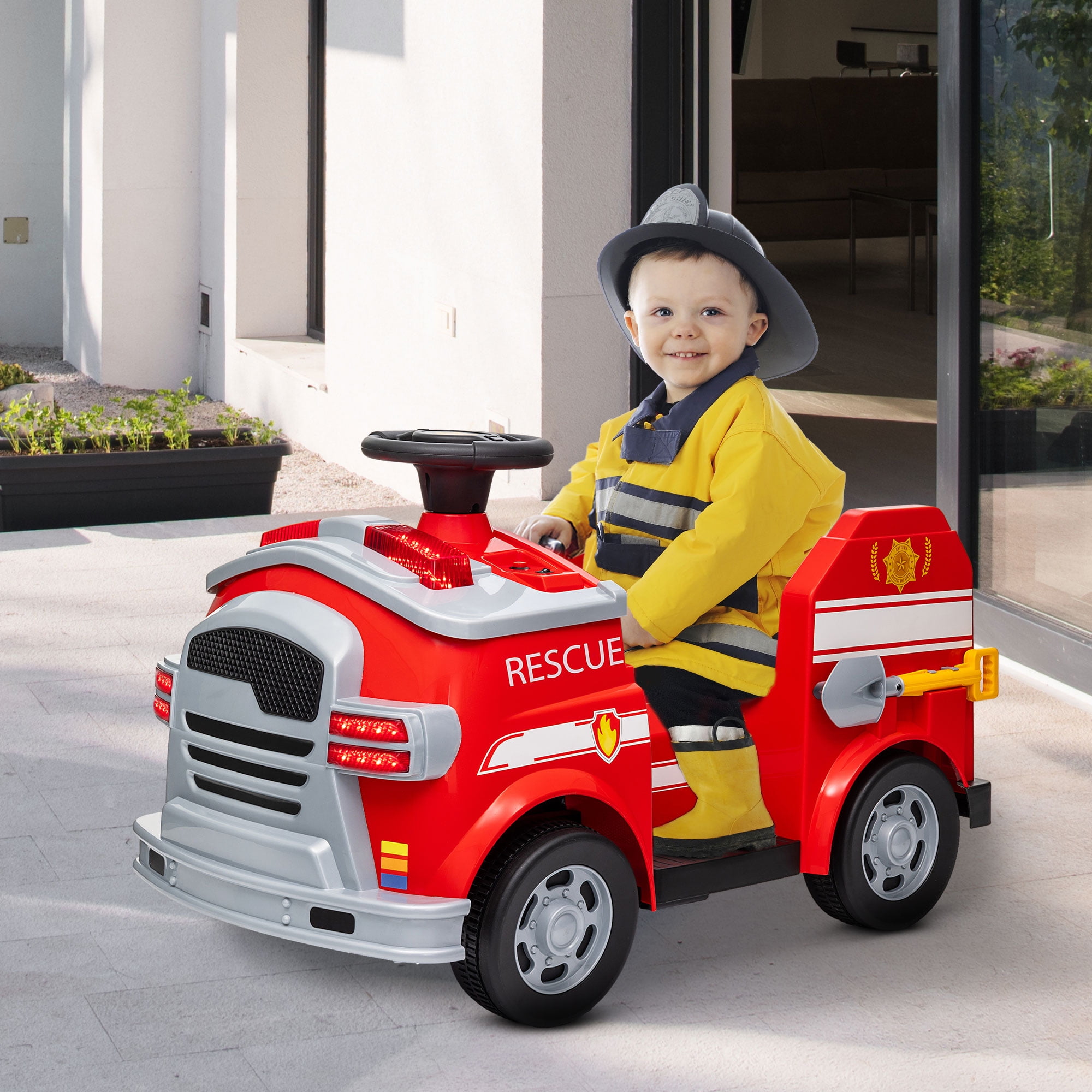 Qaba Qaba 12V Ride on Fire Truck with Siren, Lights, Soft Start, Horn Music, Red