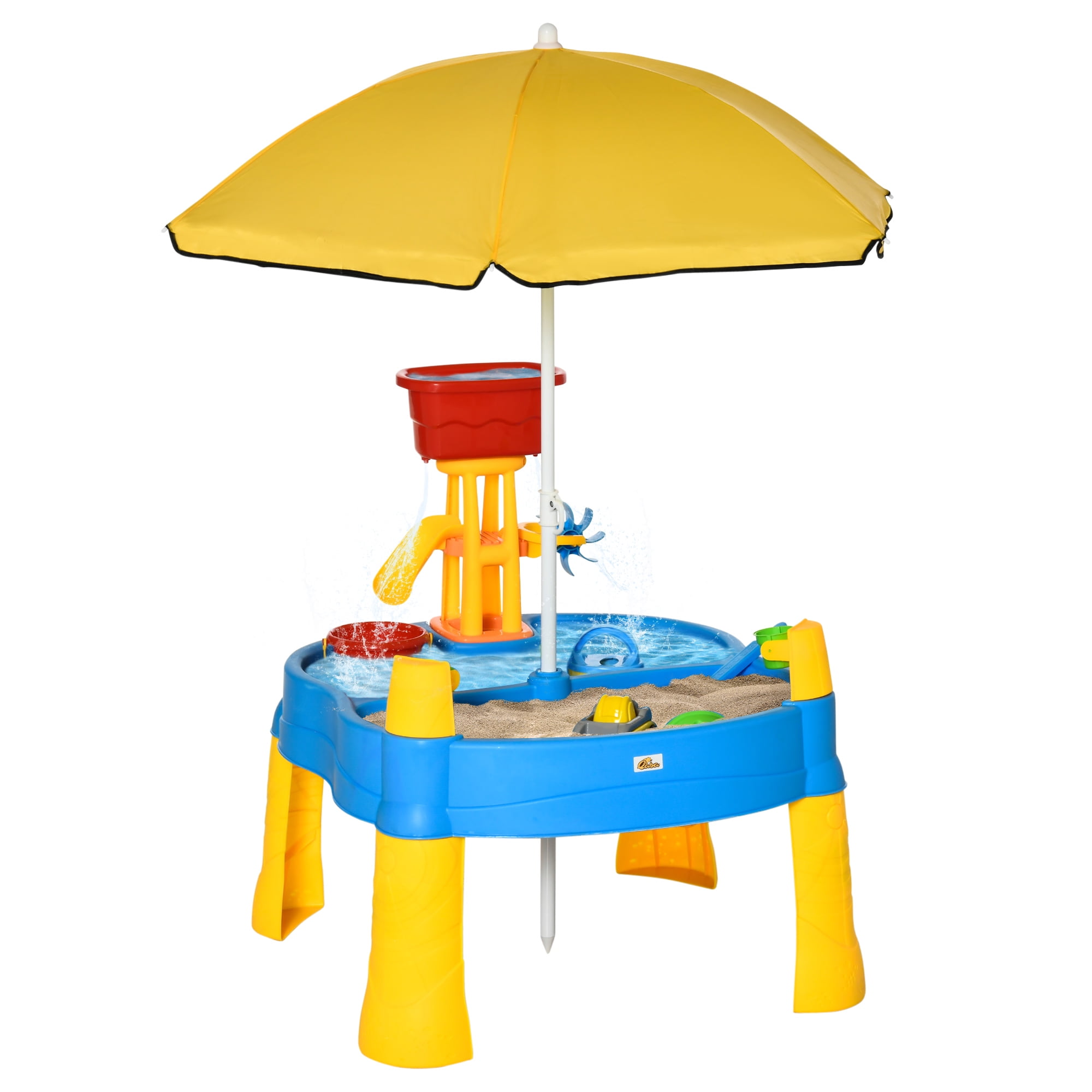 Qaba 2 in 1 Covered Sandbox Table with Umbrella for Outdoors and Indoors 25 Piece Sand and Water Table for Toddlers Little Kids Toys