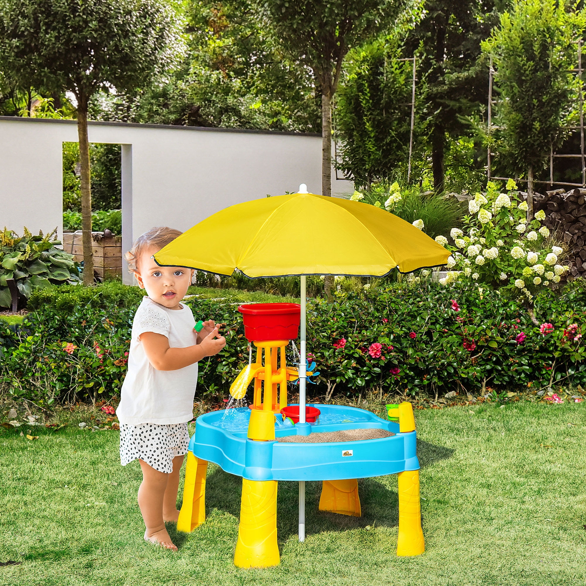 Qaba 2-in-1 Covered Sandbox Table for Toddlers, with Umbrella, 25-Piece Set, Multicolor, 10.12 lb