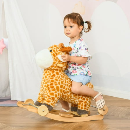Qaba 2-in-1 Kids Plush Ride-On Rocking Horse Toy, Giraffe-shaped Plush Rocker with Realistic Sounds for Children 3 to 6 Years, Yellow